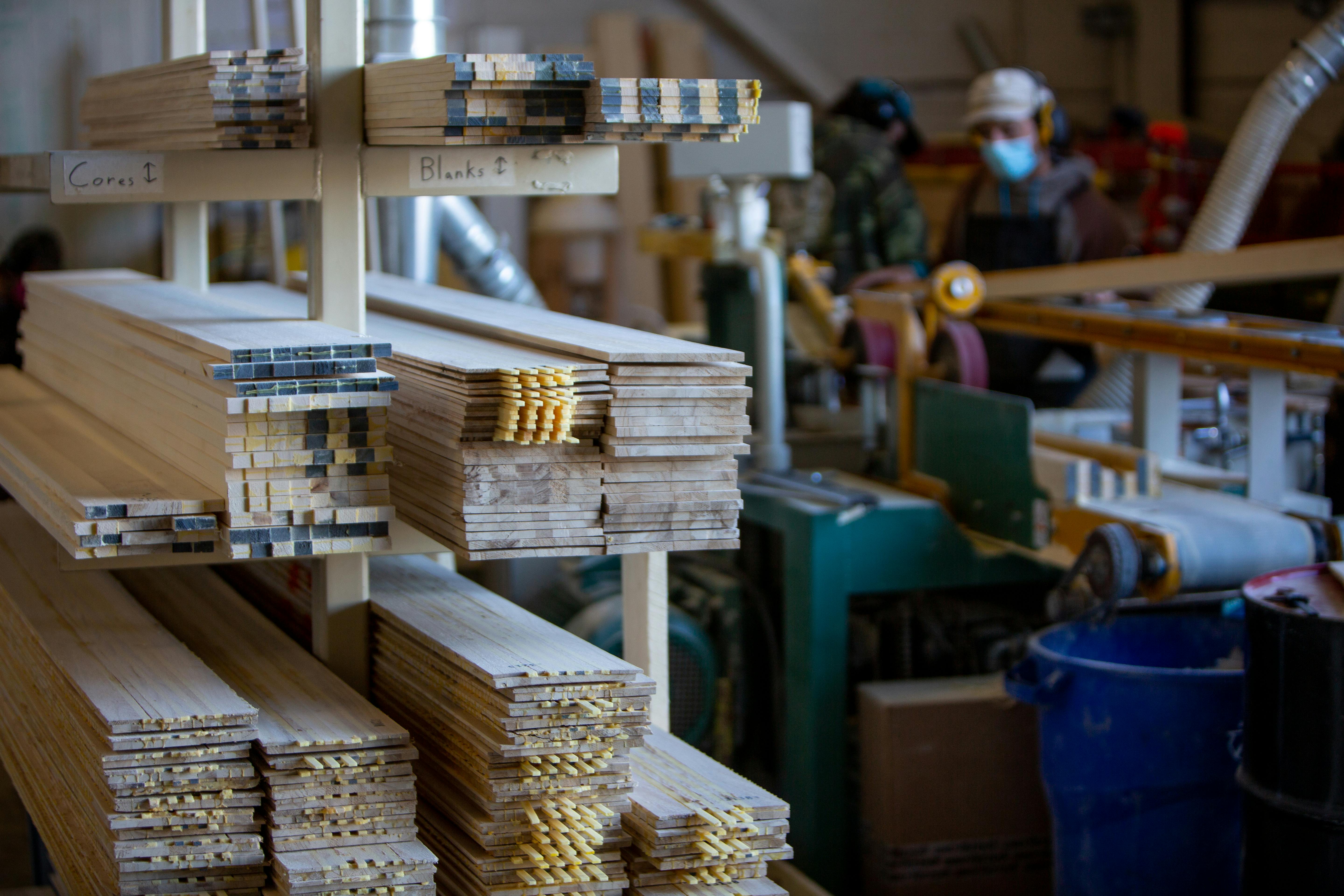 Piles of wooden ski cores in the Icelantic factory