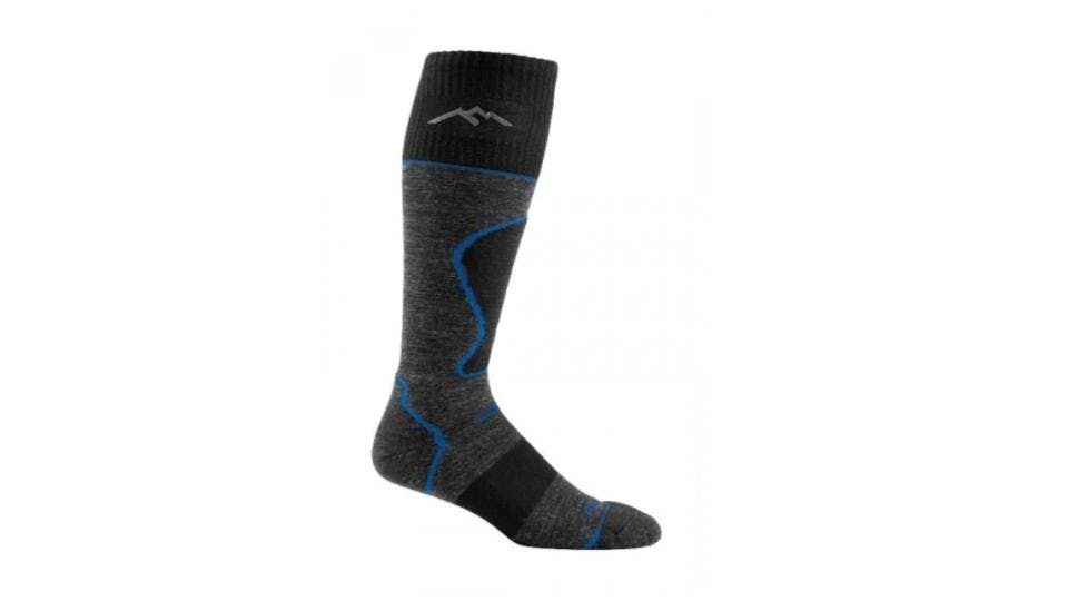 One black and grey sock with padding on the shin and heel and blue lines around the padding on the shin and heel. The cuff has a mountain logo.