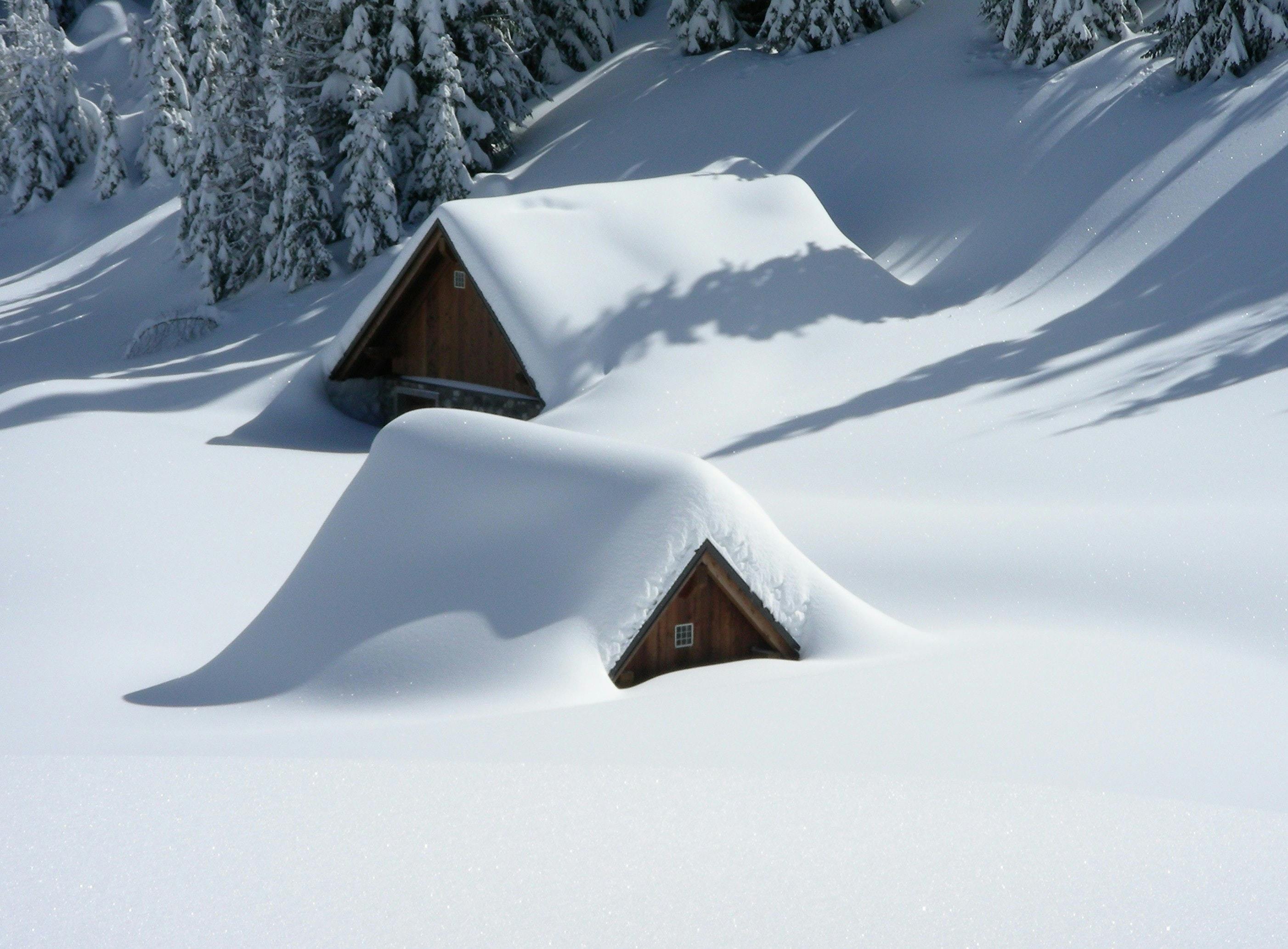 Heavy snow covering cabins