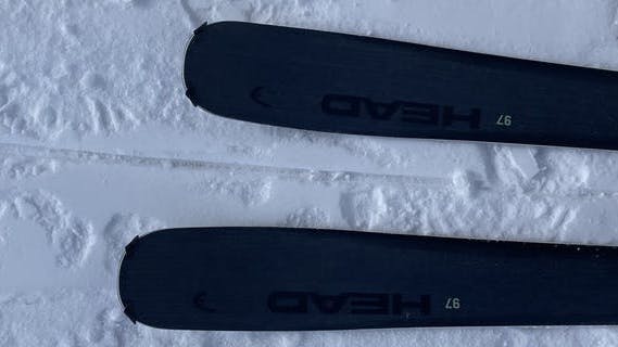 Top down view of the Head Kore 97 W Skis. 