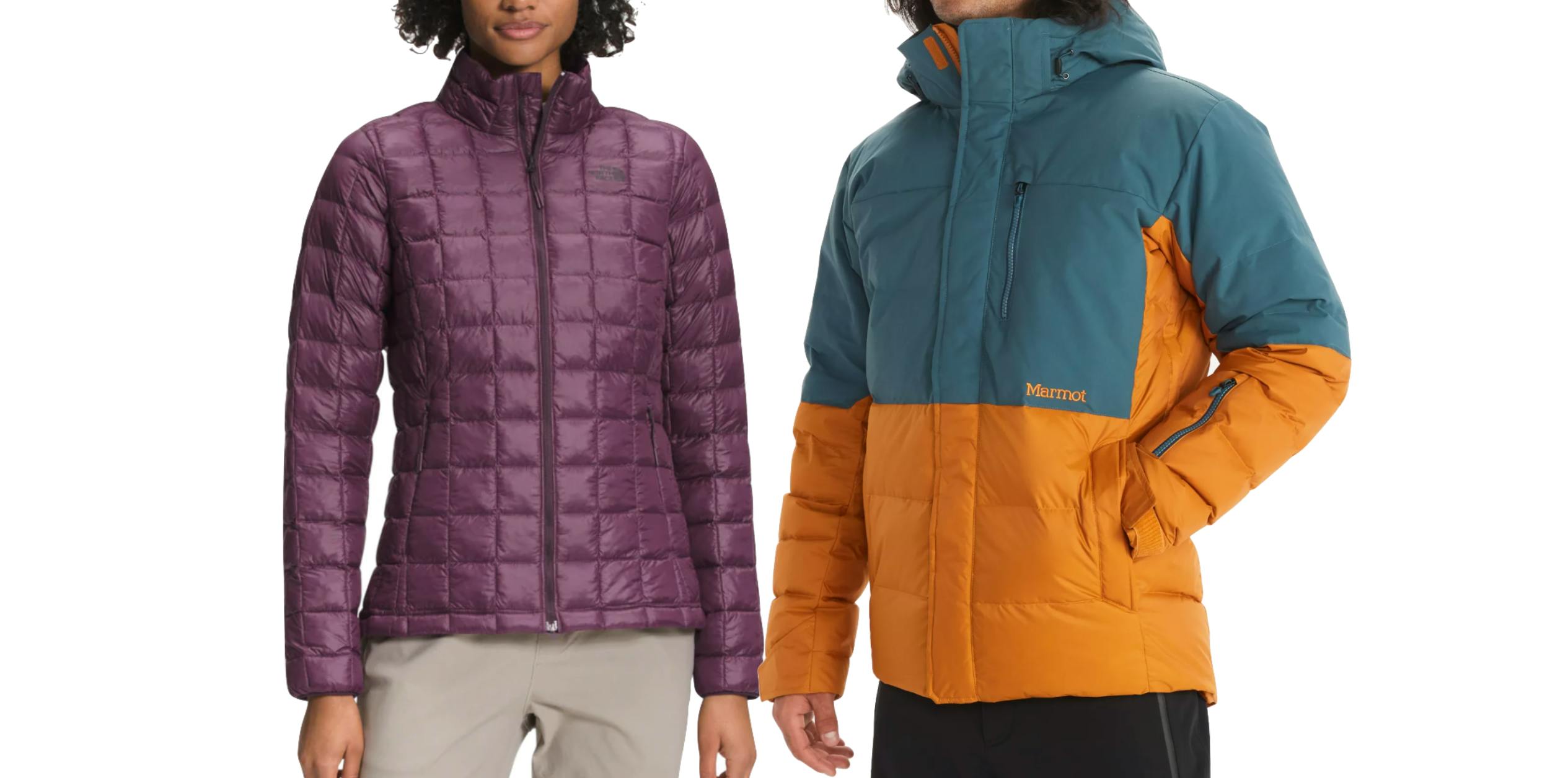 Product images of the The North Face Women’s Thermoball Eco Jacket and the Marmot Men’s Shadow Jacket.