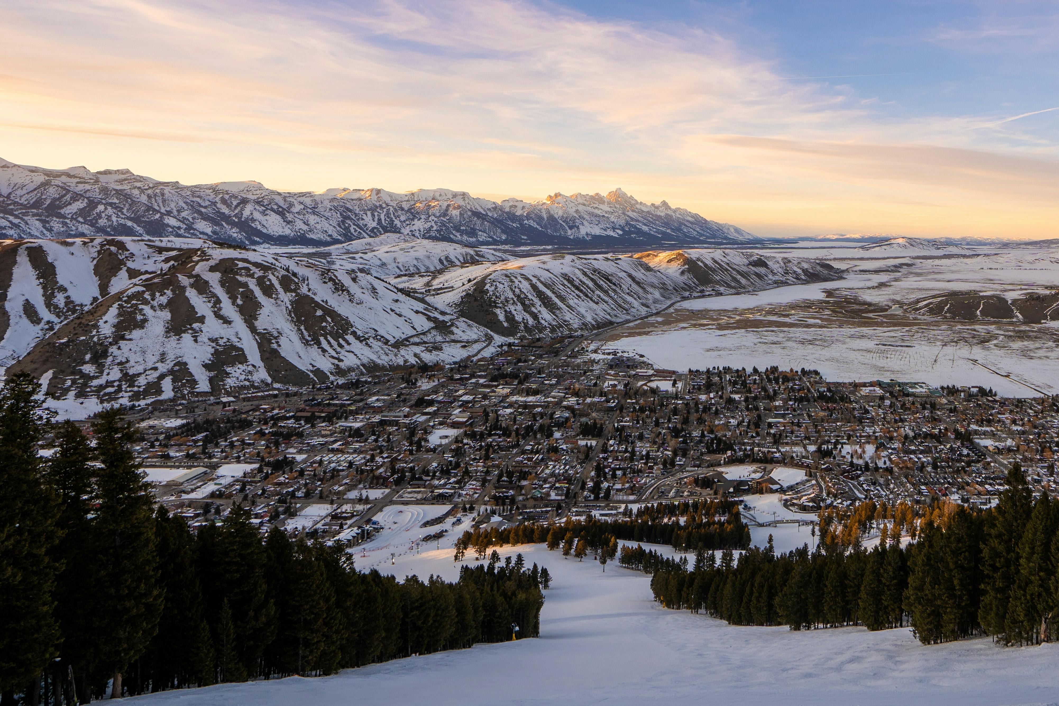 A view of the town and mountains around Jackson Hole, Wyoming in the winter. 