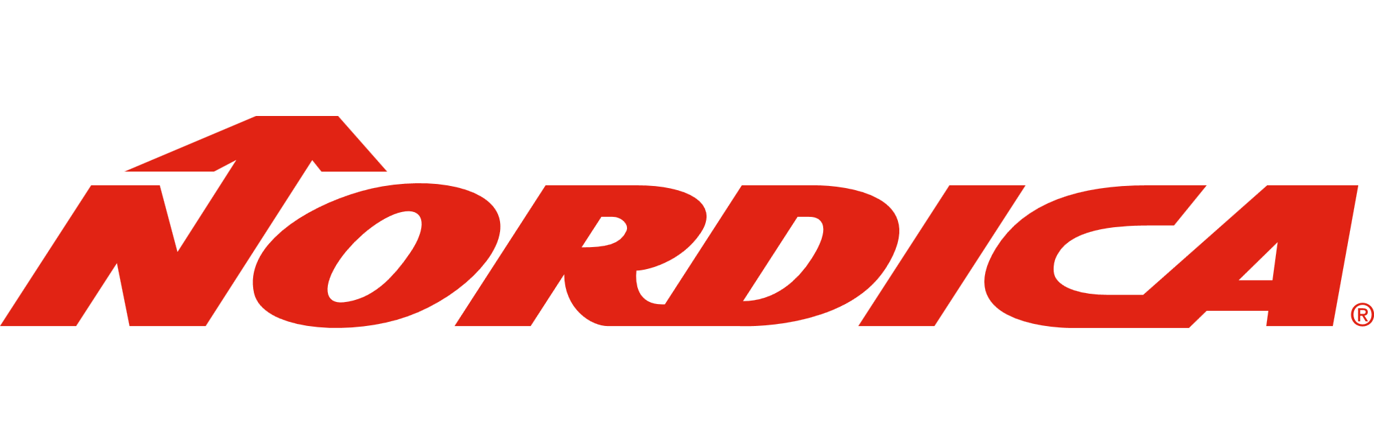 The Nordica logo reads "Nordica" in red, italic font. A peak or arrow rises out of the upstroke on the N.